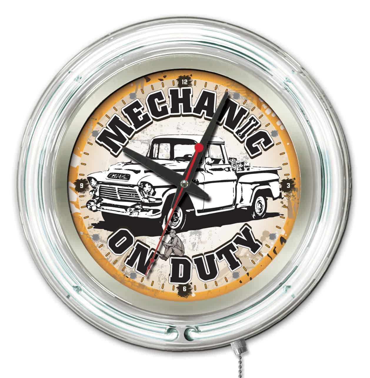 Mechanic on Duty 15-Inch Neon Logo Clock in Chrome 1 Mechanic on Duty 15-Inch Neon Logo Clock in Chrome