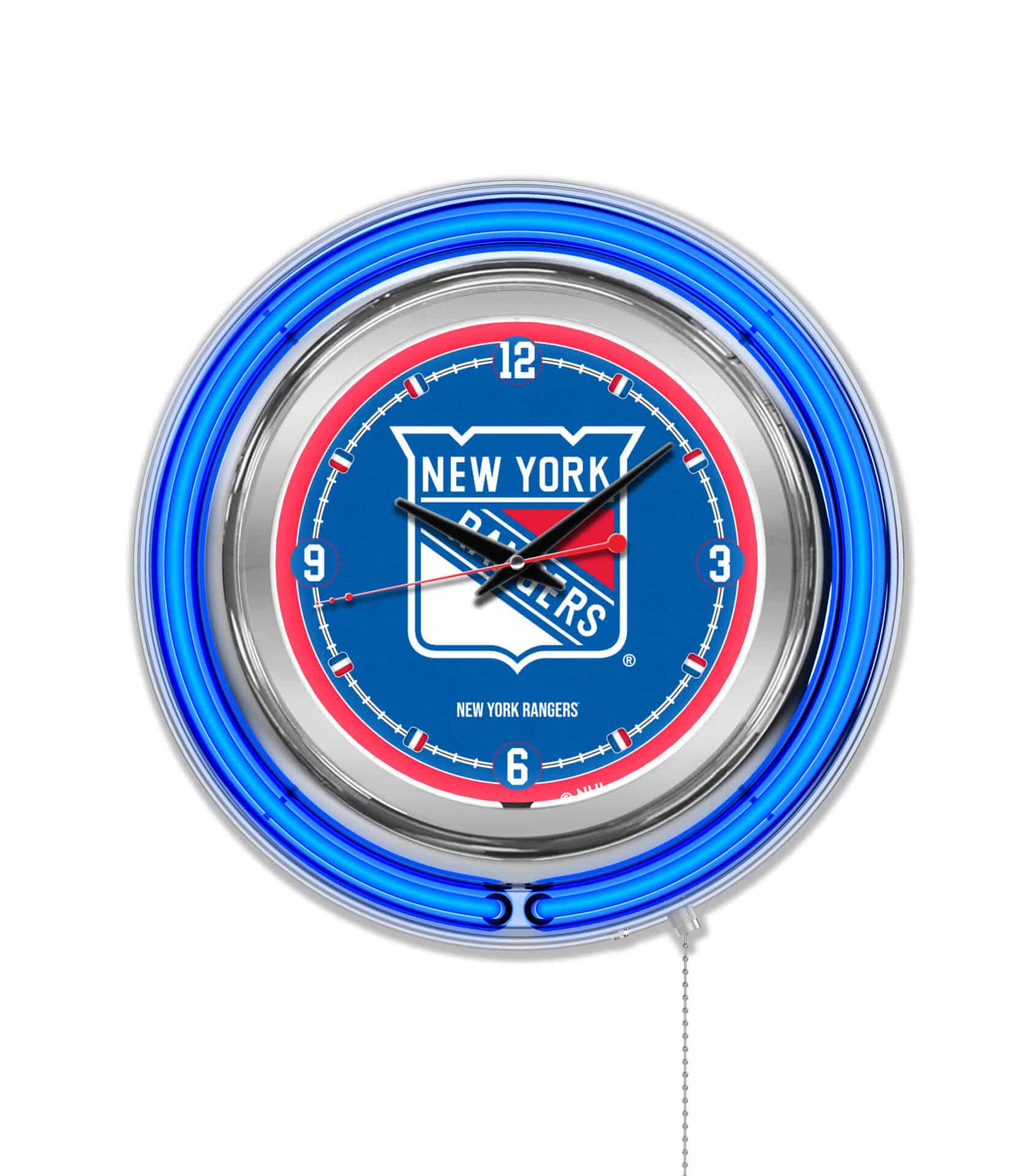 New York Rangers 15-Inch Neon Logo Clock in Chrome 1 New York Rangers 15-Inch Neon Logo Clock in Chrome