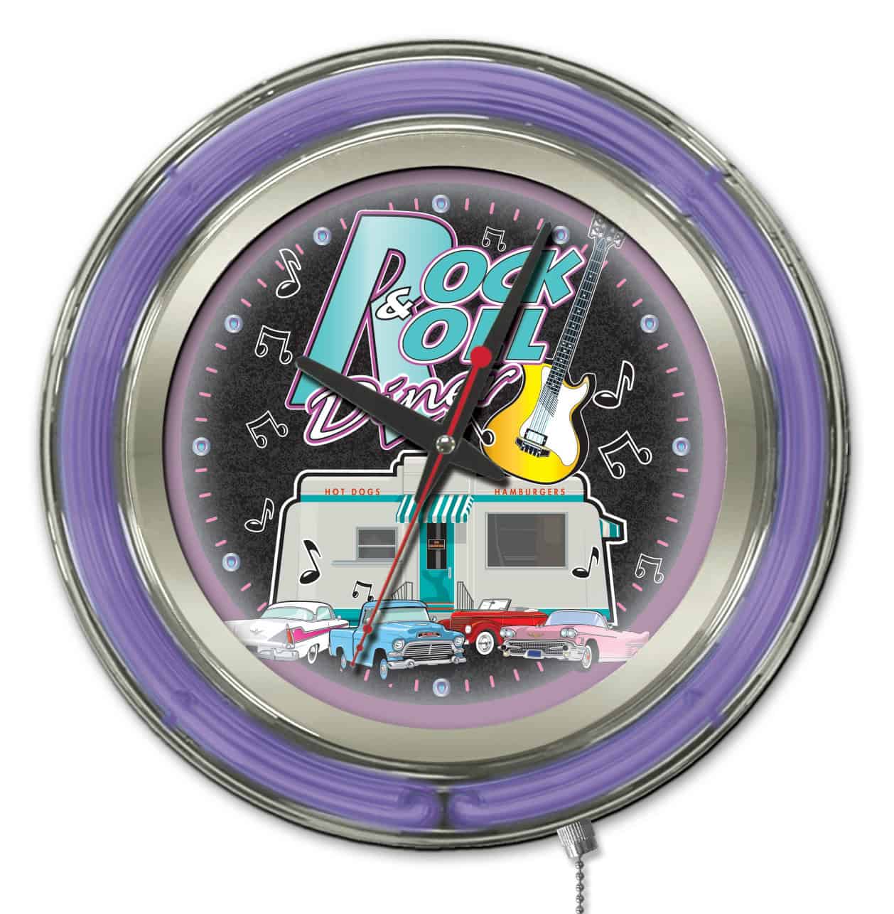 Rock & Roll Diner 15-Inch Neon Logo Clock in Chrome 1 Rock & Roll Diner 15-Inch Neon Logo Clock in Chrome