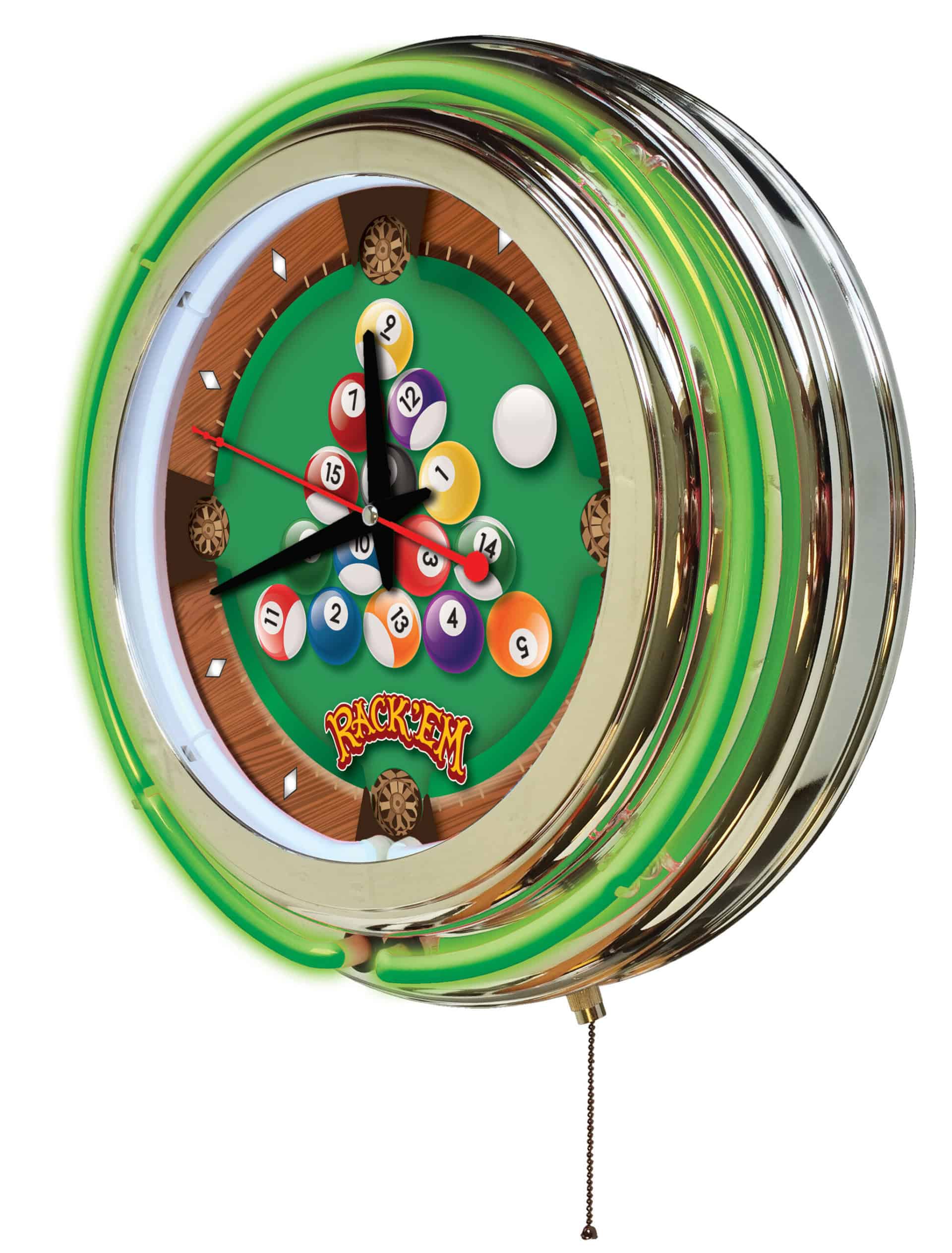 Rack Em 15-Inch Neon Logo Clock in Chrome - Cave Supplies