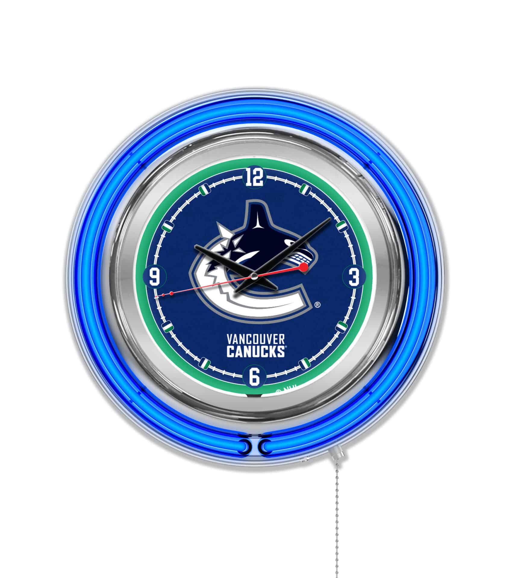 Vancouver Canucks 15-Inch Neon Logo Clock in Chrome 1 Vancouver Canucks 15-Inch Neon Logo Clock in Chrome