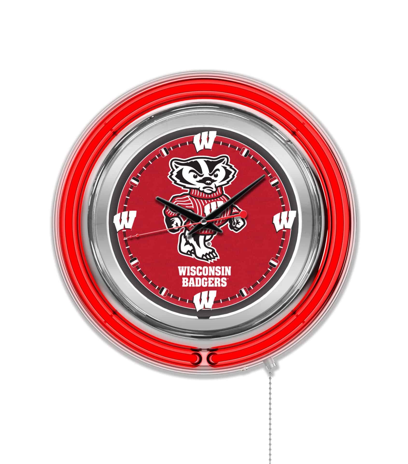University of Wisconsin (Badger) 15-Inch Neon Logo Clock in Chrome 1 University of Wisconsin (Badger) 15-Inch Neon Logo Clock in Chrome