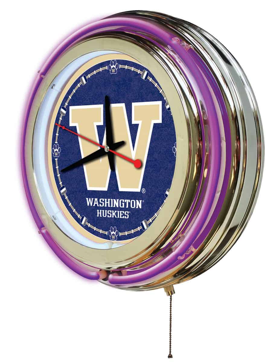 University of Washington 15-Inch Neon Logo Clock in Chrome 2 University of Washington 15-Inch Neon Logo Clock in Chrome - Image 2