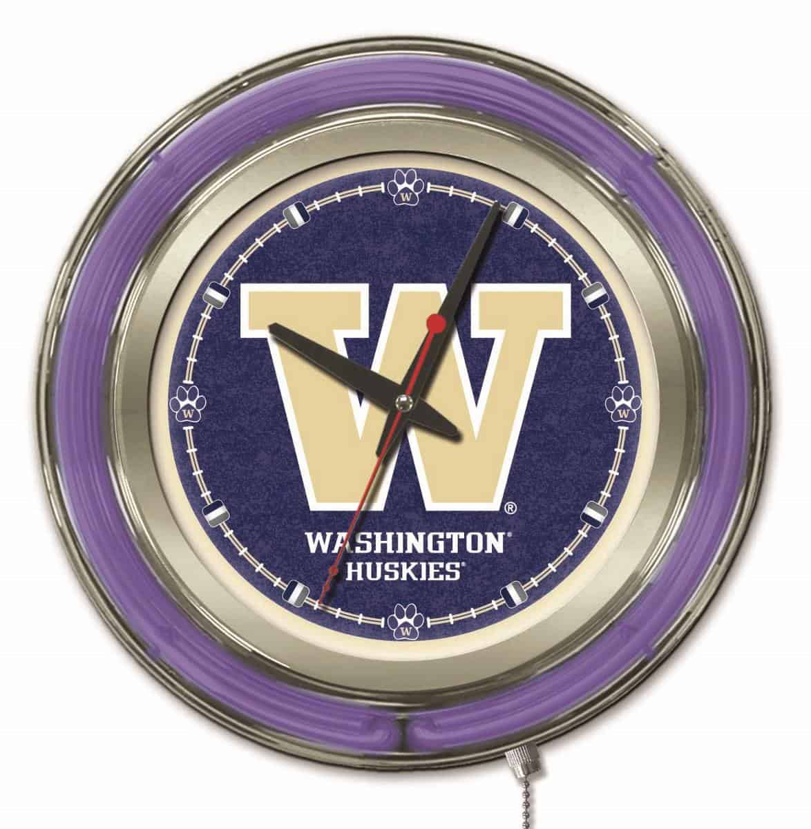 University of Washington 15-Inch Neon Logo Clock in Chrome 1 University of Washington 15-Inch Neon Logo Clock in Chrome