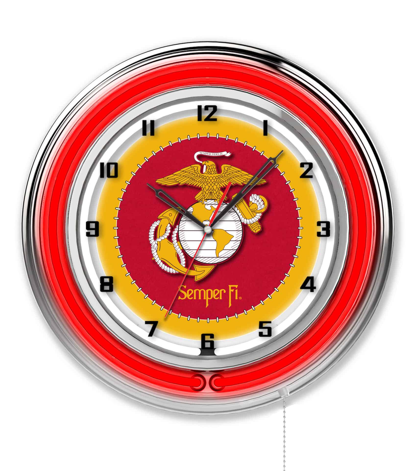 United States Marine Corps (Red/Yellow) 19-Inch Neon Logo Clock in Chrome 1 United States Marine Corps (Red/Yellow) 19-Inch Neon Logo Clock in Chrome