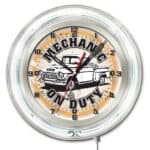 Mechanic on Duty 19-Inch Neon Logo Clock in Chrome