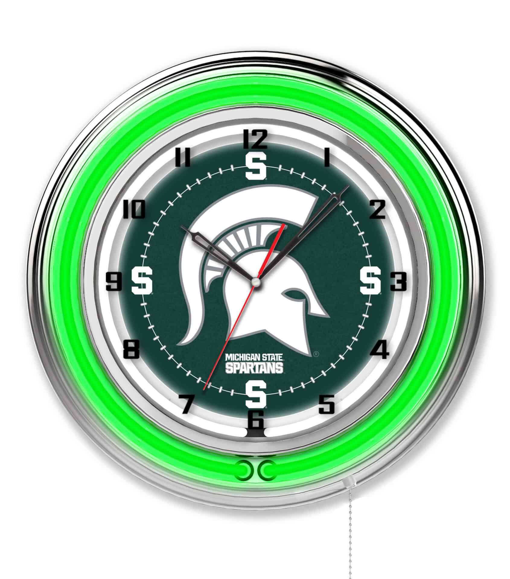 Michigan State University 19-Inch Neon Logo Clock in Chrome 1 Michigan State University 19-Inch Neon Logo Clock in Chrome