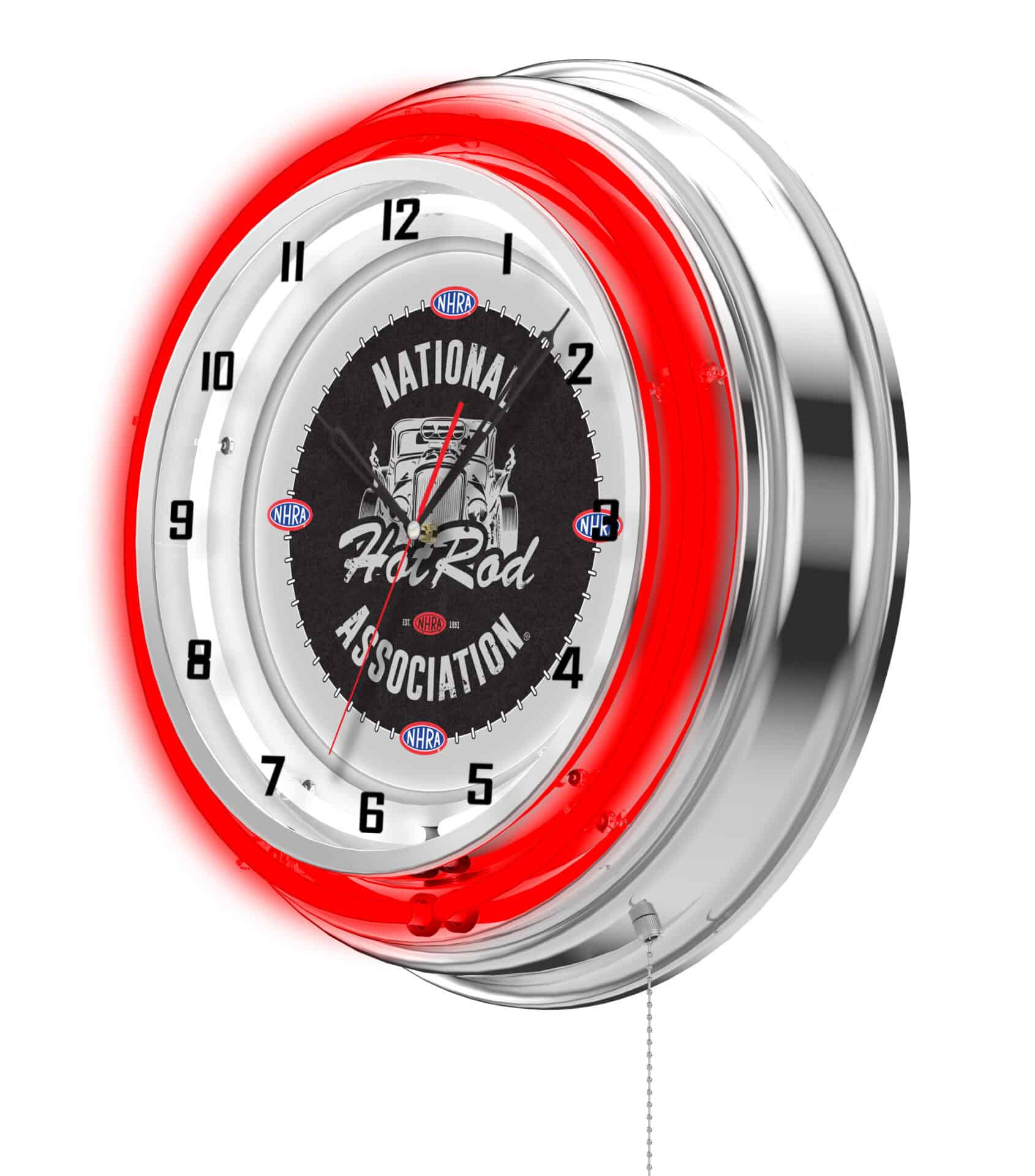 NHRA - Hot Rod (Red Neon) 19-Inch Neon Logo Clock in Chrome 2 NHRA - Hot Rod (Red Neon) 19-Inch Neon Logo Clock in Chrome - Image 2