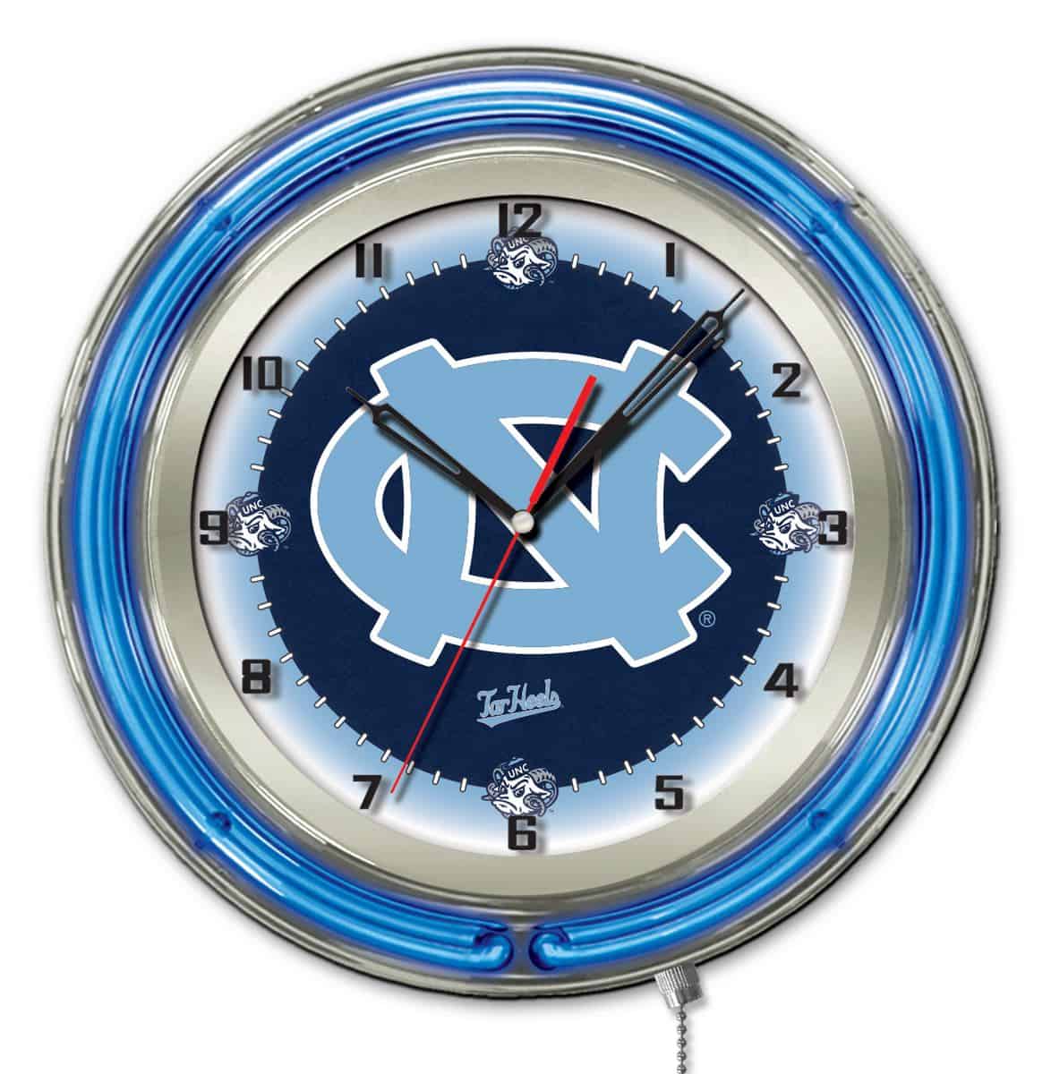 University of North Carolina 19-Inch Neon Logo Clock in Chrome 1 University of North Carolina 19-Inch Neon Logo Clock in Chrome
