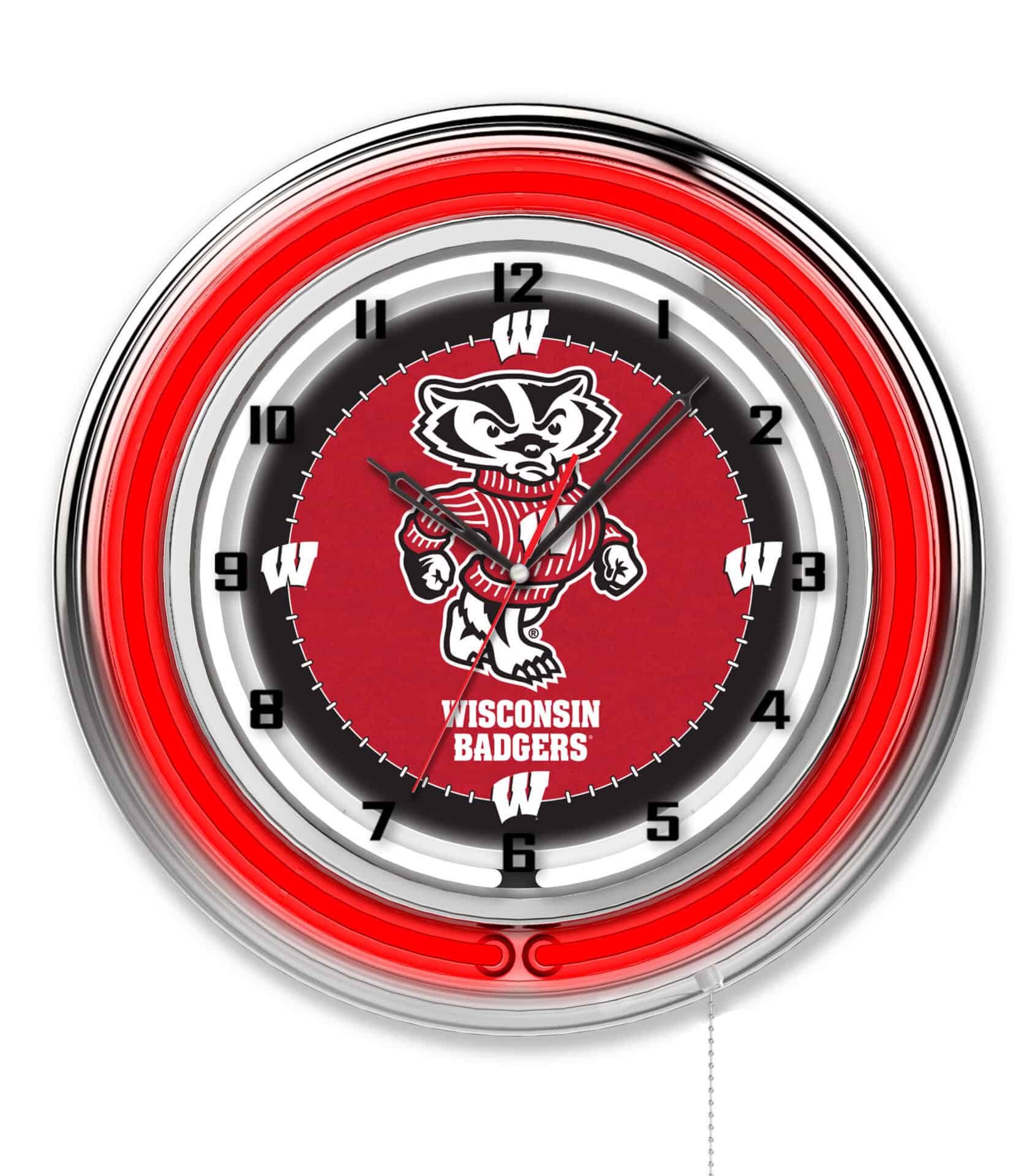 University of Wisconsin (Badger) 19-Inch Neon Logo Clock in Chrome 1 University of Wisconsin (Badger) 19-Inch Neon Logo Clock in Chrome