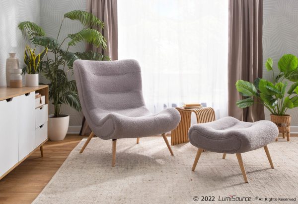 Cloud Contemporary Grey Sherpa Fabric Chair with Ottoman