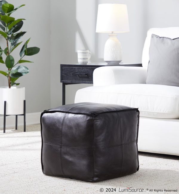 Cobbler 19 Inch Black Leather Patchwork Industrial Square Pouf Ottoman 1