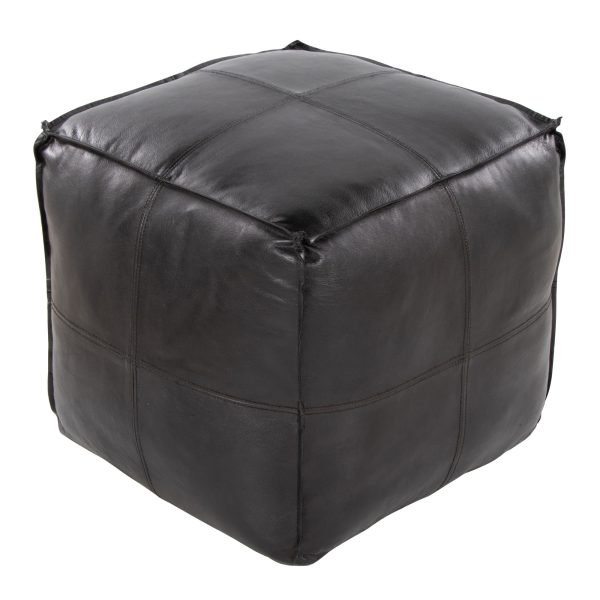Cobbler 19 Inch Black Leather Patchwork Industrial Square Pouf Ottoman 4