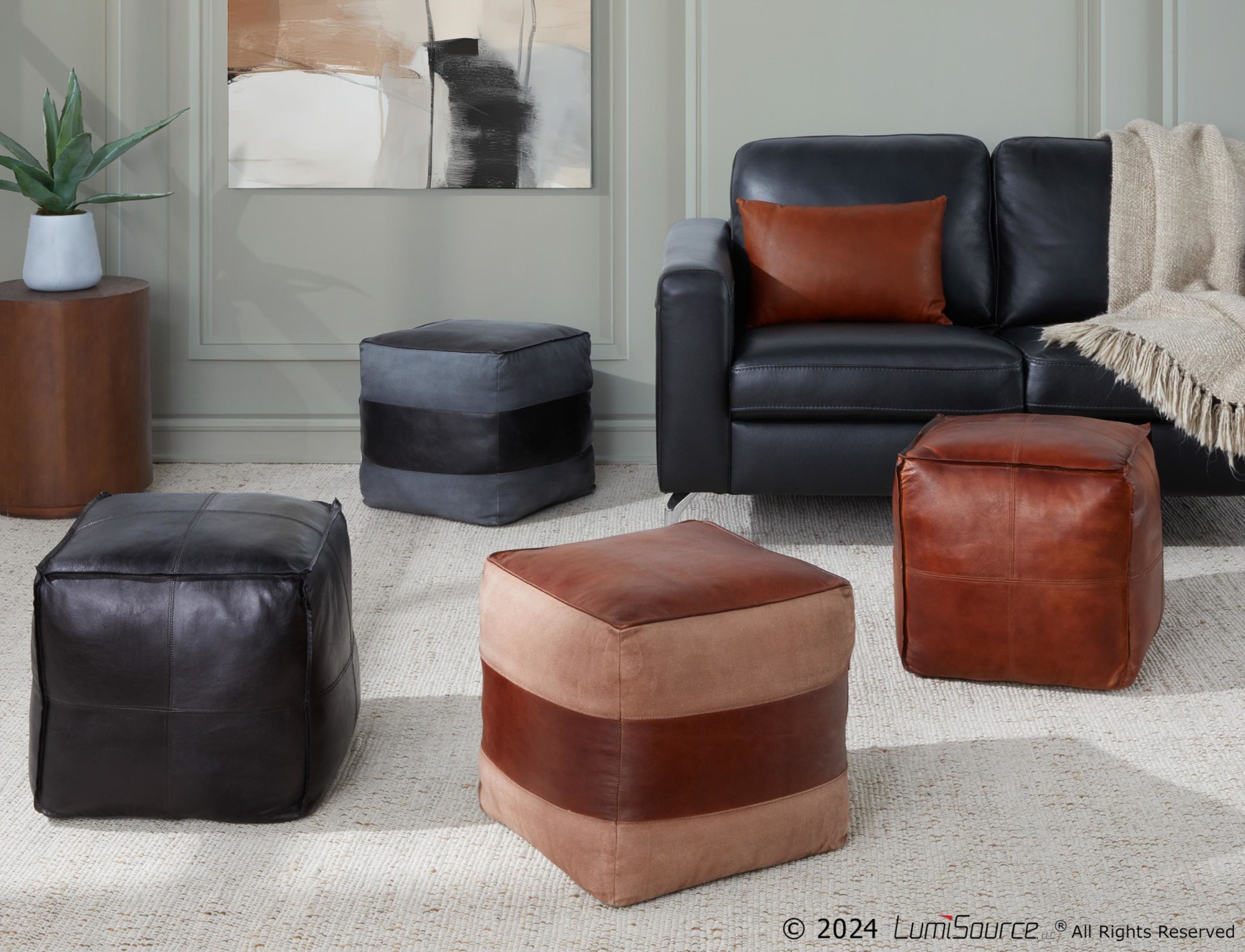 Cobbler 19-Inch Black Leather Patchwork Industrial Square Pouf Ottoman 1 Cobbler 19-Inch Black Leather Patchwork Industrial Square Pouf Ottoman