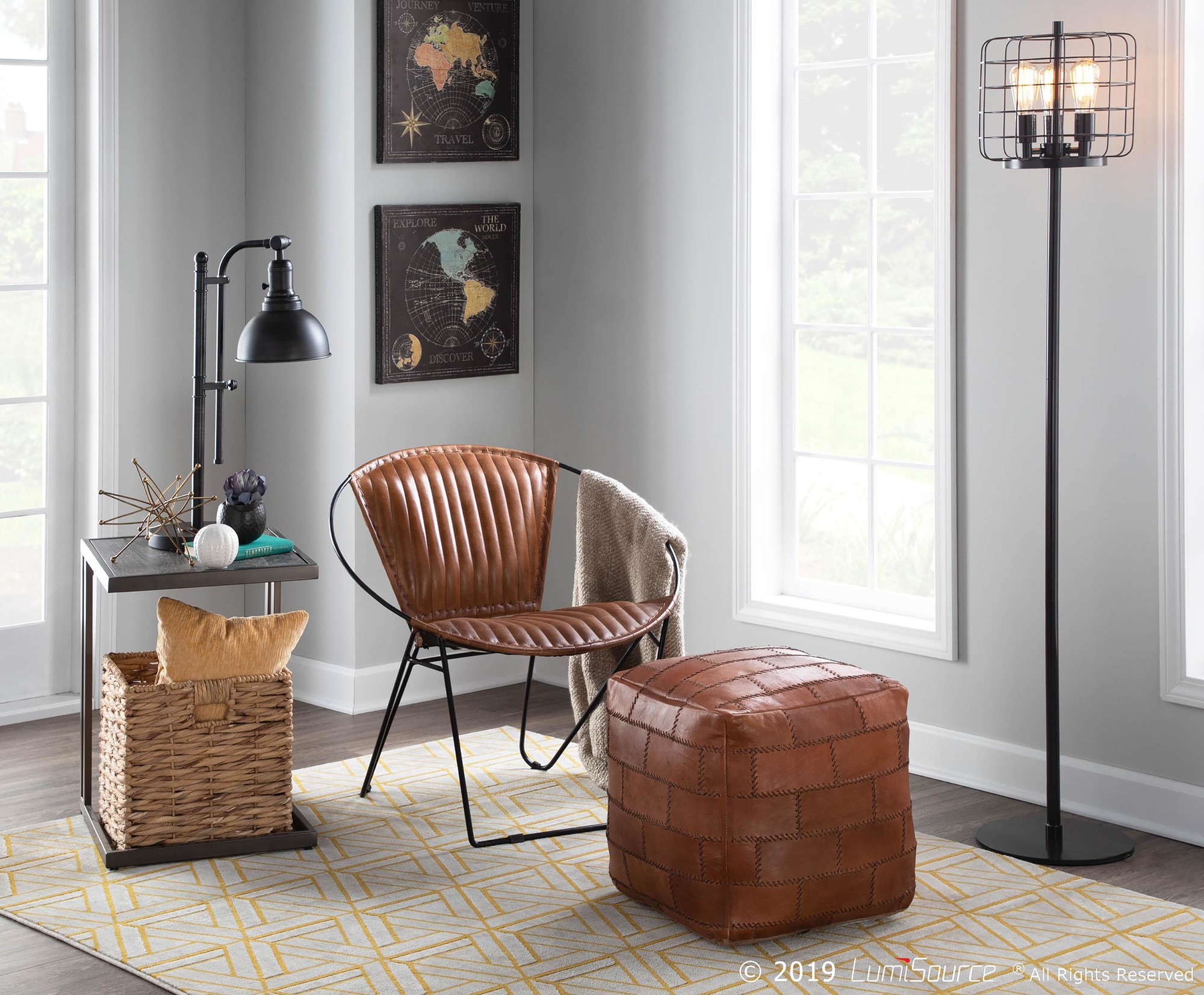 Cobbler 19-Inch Brown Leather Industrial Patchwork Square Pouf Ottoman 2 Cobbler 19-Inch Brown Leather Industrial Patchwork Square Pouf Ottoman - Image 2