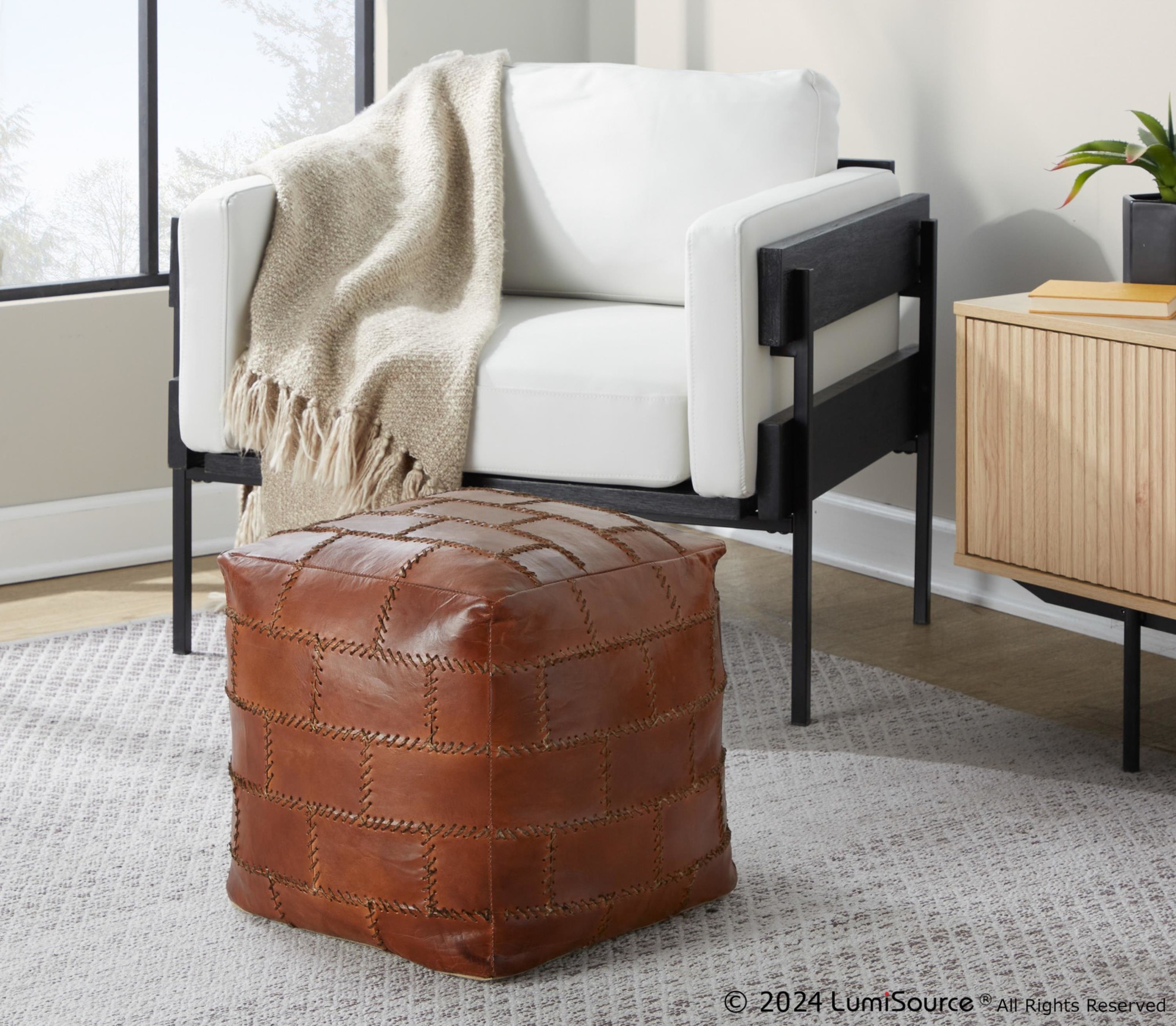 Cobbler 19-Inch Brown Leather Industrial Patchwork Square Pouf Ottoman 3 Cobbler 19-Inch Brown Leather Industrial Patchwork Square Pouf Ottoman - Image 3