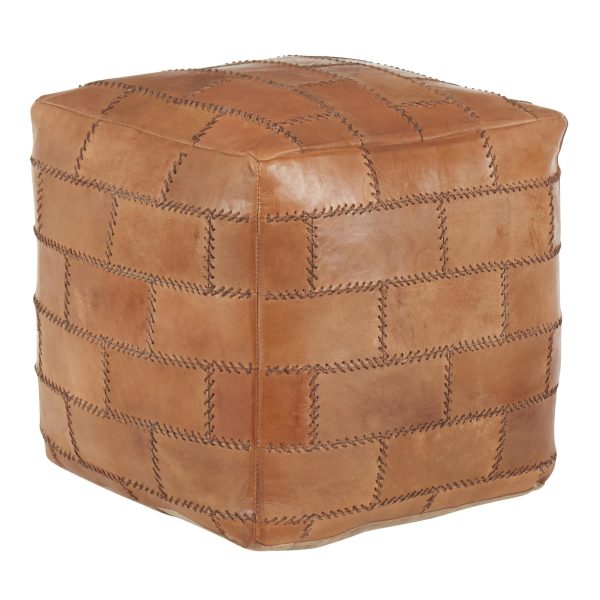 Cobbler 19 Inch Brown Leather Industrial Patchwork Square Pouf Ottoman 3