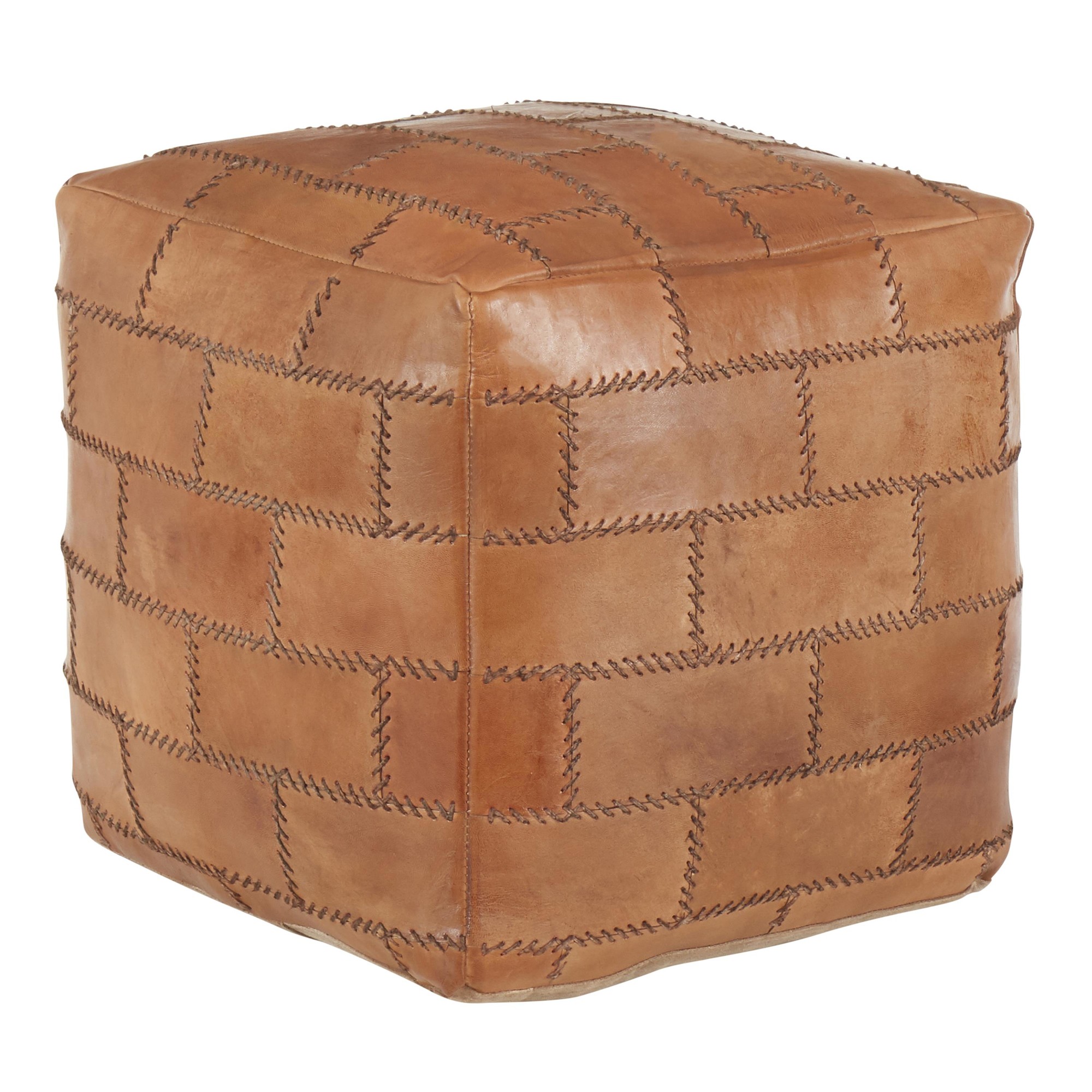 Cobbler 19-Inch Brown Leather Industrial Patchwork Square Pouf Ottoman 4 Cobbler 19-Inch Brown Leather Industrial Patchwork Square Pouf Ottoman - Image 4