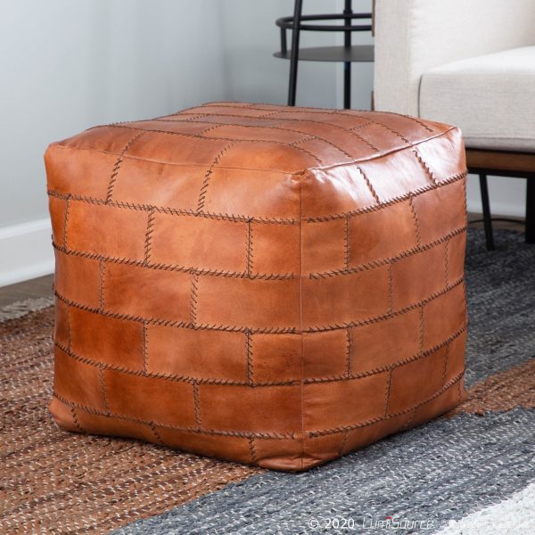 Cobbler 19 Inch Brown Leather Industrial Patchwork Square Pouf Ottoman