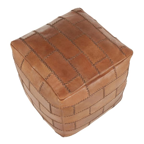 Cobbler 19 Inch Brown Leather Industrial Patchwork Square Pouf Ottoman 7