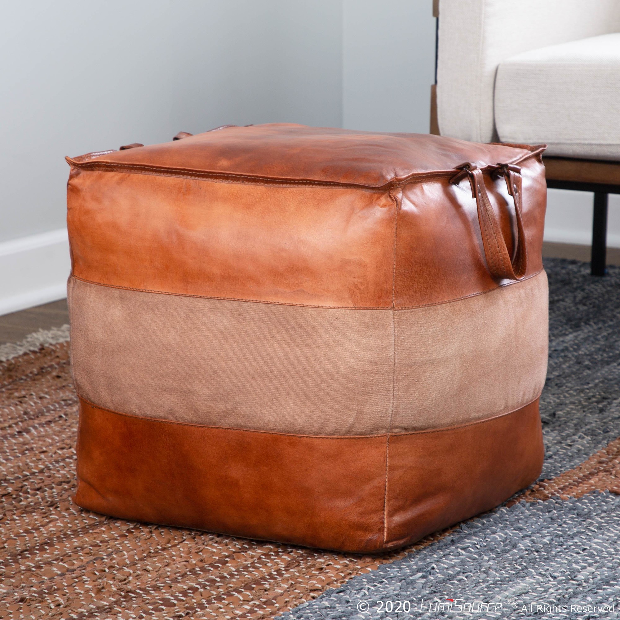 Cobbler 19-Inch Brown Leather and Tan Canvas Industrial Pouf 2 Cobbler 19-Inch Brown Leather and Tan Canvas Industrial Pouf - Image 2