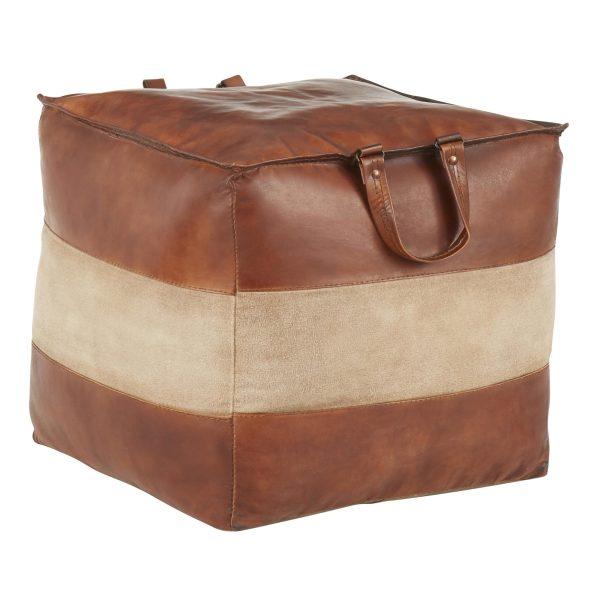 Cobbler 19 Inch Brown Leather and Tan Canvas Industrial Pouf 2