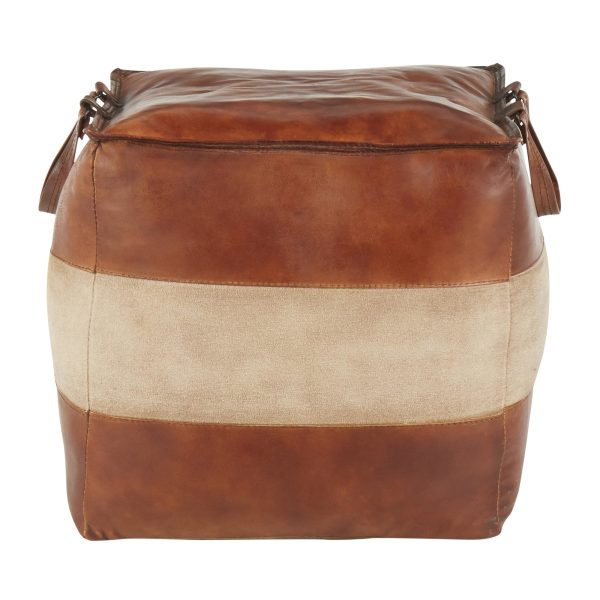 Cobbler 19 Inch Brown Leather and Tan Canvas Industrial Pouf 3