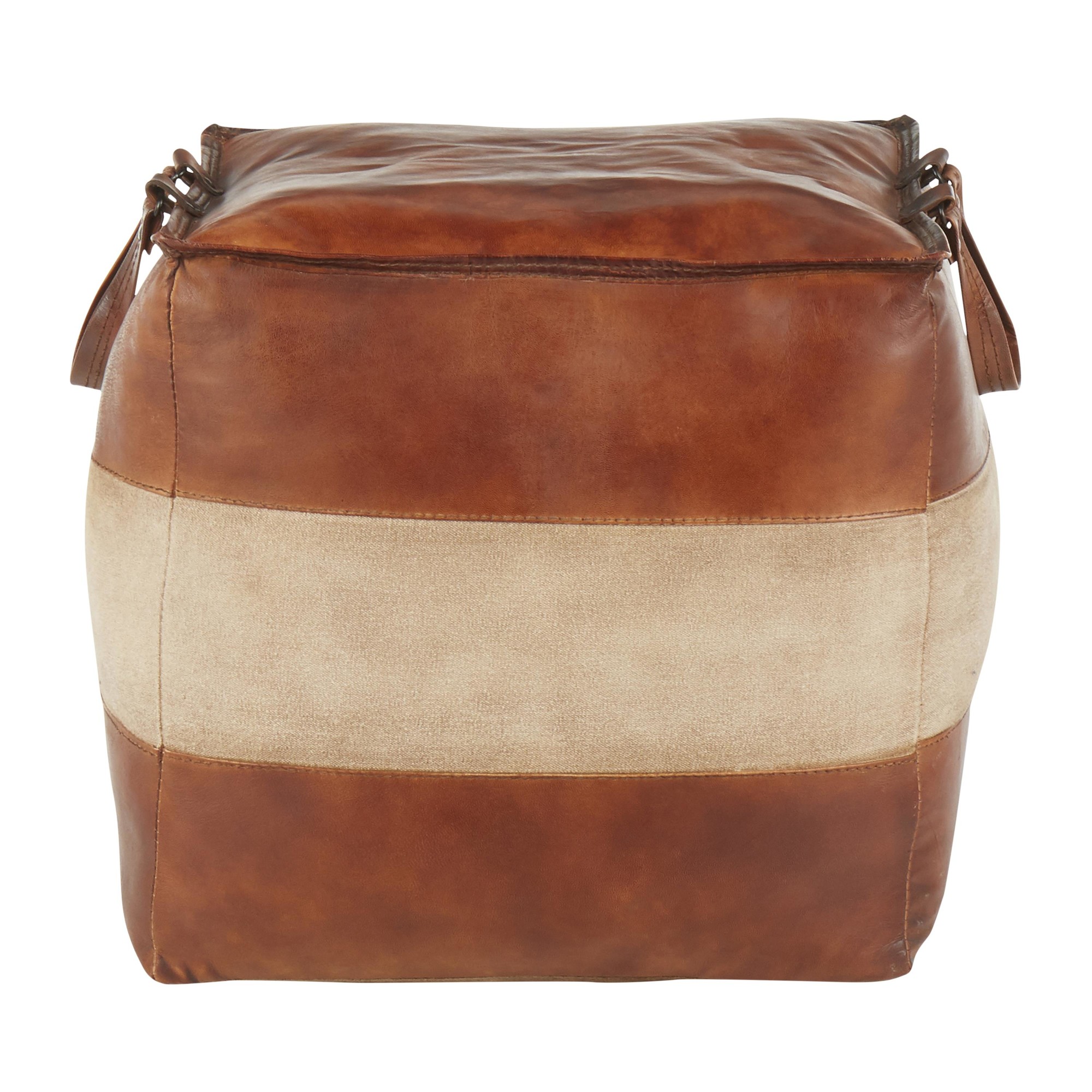 Cobbler 19-Inch Brown Leather and Tan Canvas Industrial Pouf 4 Cobbler 19-Inch Brown Leather and Tan Canvas Industrial Pouf - Image 4