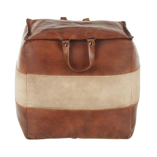 Cobbler 19 Inch Brown Leather and Tan Canvas Industrial Pouf 5
