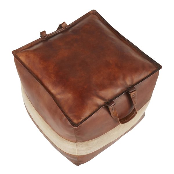 Cobbler 19 Inch Brown Leather and Tan Canvas Industrial Pouf 6