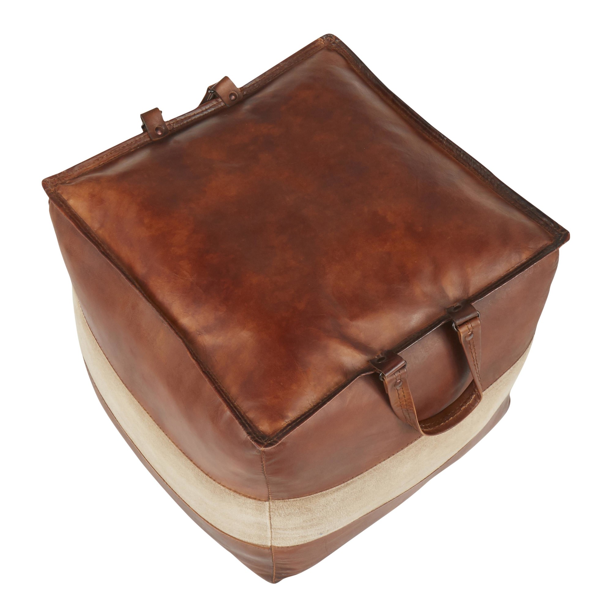Cobbler 19-Inch Brown Leather and Tan Canvas Industrial Pouf 7 Cobbler 19-Inch Brown Leather and Tan Canvas Industrial Pouf - Image 7