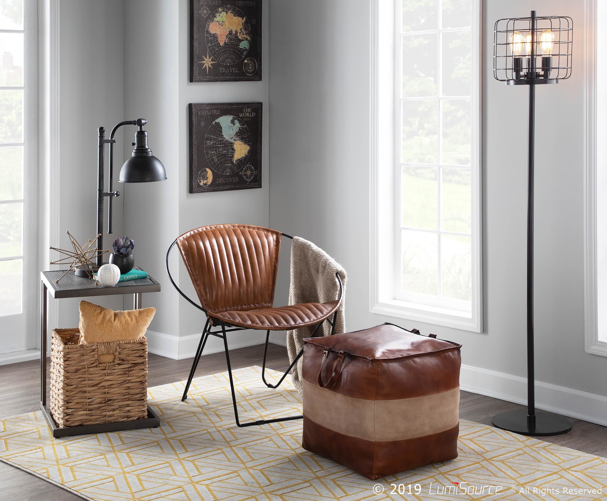 Cobbler 19-Inch Brown Leather and Tan Canvas Industrial Pouf 1 Cobbler 19-Inch Brown Leather and Tan Canvas Industrial Pouf