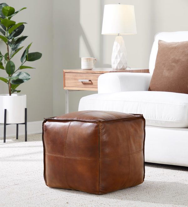 Cobbler 19 Inch Espresso Leather Patchwork Industrial Pouf Ottoman