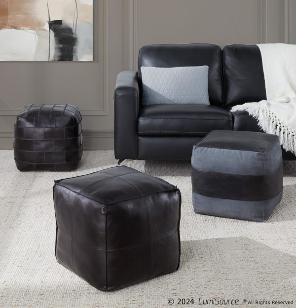 Cobbler Black Leather Grey Canvas Industrial Pouf Ottoman 19 Inch 2