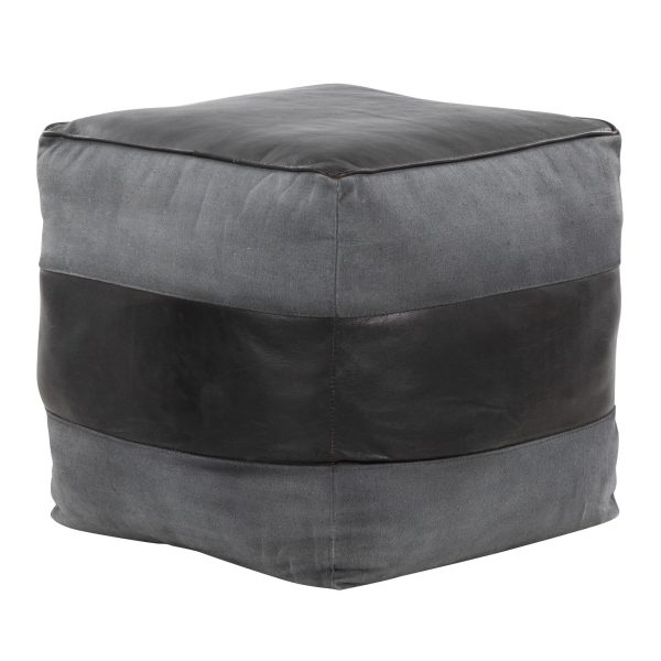 Cobbler Black Leather Grey Canvas Industrial Pouf Ottoman 19 Inch 3