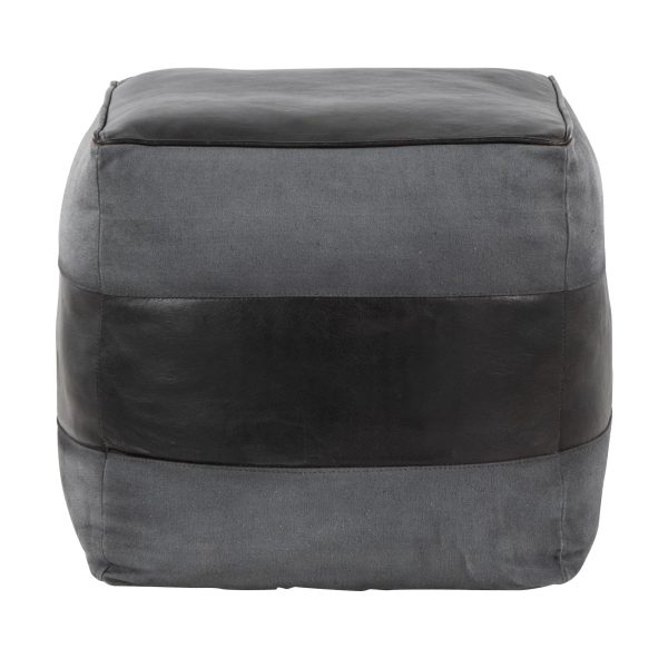 Cobbler Black Leather Grey Canvas Industrial Pouf Ottoman 19 Inch 4