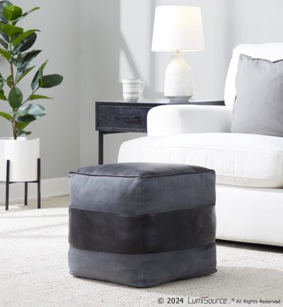 Cobbler Black Leather Grey Canvas Industrial Pouf Ottoman 19-Inch
