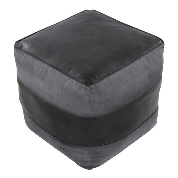 Cobbler Black Leather Grey Canvas Industrial Pouf Ottoman 19 Inch 5