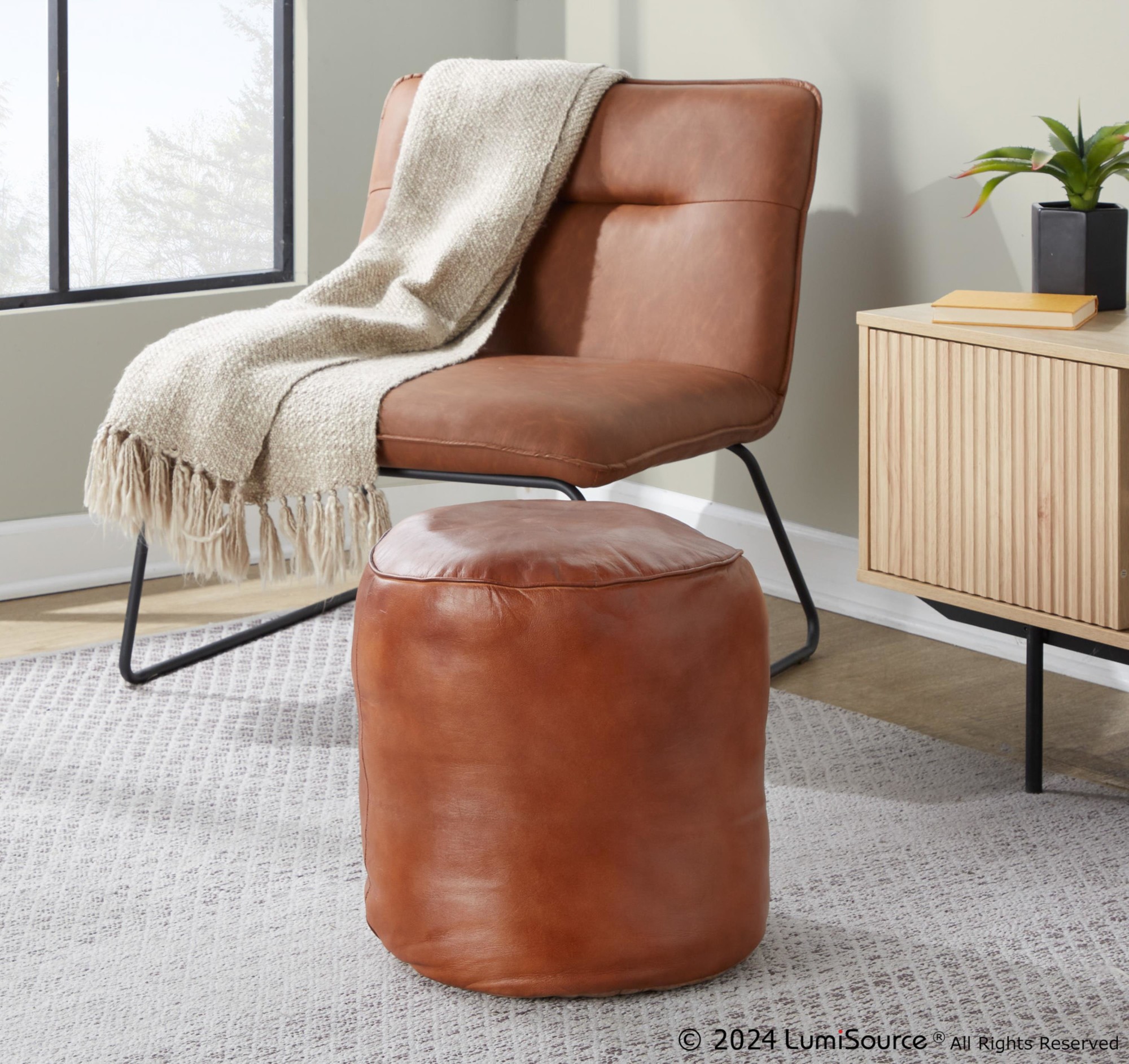 Cobbler Brown Leather Industrial Round Pouf Ottoman 15-Inch 4 Cobbler Brown Leather Industrial Round Pouf Ottoman 15-Inch - Image 4