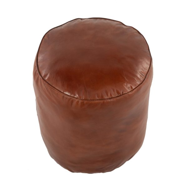 Cobbler Brown Leather Industrial Round Pouf Ottoman 15 Inch 6