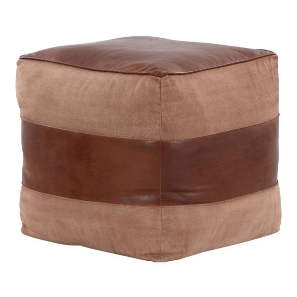 Cobbler Espresso Leather and Tan Canvas Industrial Pouf Ottoman 3