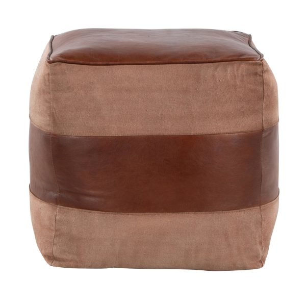 Cobbler Espresso Leather and Tan Canvas Industrial Pouf Ottoman 4