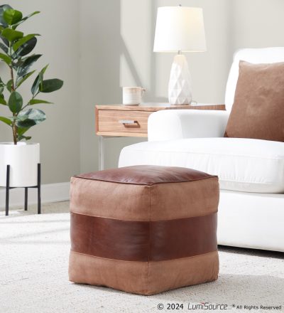 Cobbler Espresso Leather and Tan Canvas Industrial Pouf Ottoman
