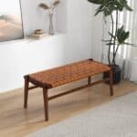 Tan Leather Mid-Century Modern Bench With Solid Wood Frame and Tapered Legs 8 Tan Leather Mid-Century Modern Bench With Solid Wood Frame and Tapered Legs