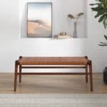 Tan Leather Mid-Century Modern Bench With Solid Wood Frame and Tapered Legs 9 Tan Leather Mid-Century Modern Bench With Solid Wood Frame and Tapered Legs