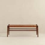 Tan Leather Mid-Century Modern Bench With Solid Wood Frame and Tapered Legs 11 Tan Leather Mid-Century Modern Bench With Solid Wood Frame and Tapered Legs