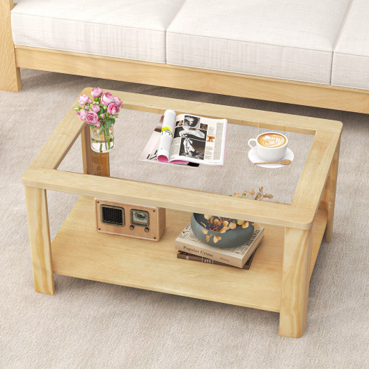 Rustic 2-Tier Coffee Table with Tempered Glass and Storage Shelf 2 Rustic 2-Tier Coffee Table with Tempered Glass and Storage Shelf - Image 2