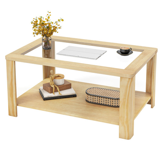 Rustic 2-Tier Coffee Table with Tempered Glass and Storage Shelf 4 Rustic 2-Tier Coffee Table with Tempered Glass and Storage Shelf - Image 4