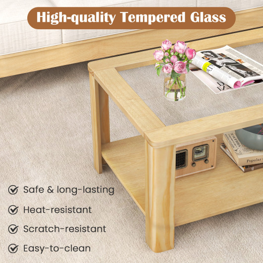 Rustic 2-Tier Coffee Table with Tempered Glass and Storage Shelf 7 Rustic 2-Tier Coffee Table with Tempered Glass and Storage Shelf - Image 7