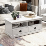 Modern White Coffee Table with Storage Drawers and Open Shelves